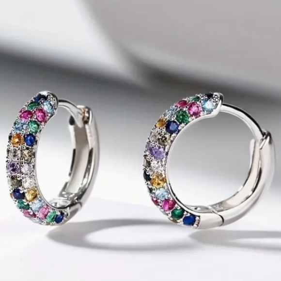 Silver Plated Mini Hoop Earrings Sparkling colorful Zircon Gem - Picture 5 of 10